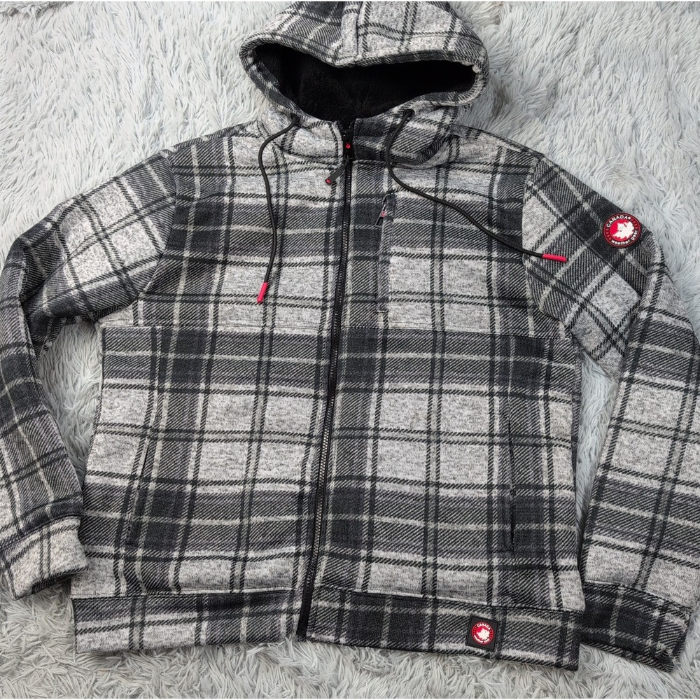 Canada Weather Gear Jacket Womens XL Gray Plaid Hoodie Zip Up Warm Cozy Pockets